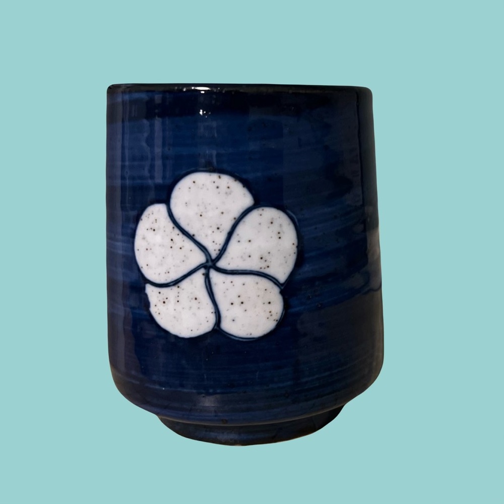 Japanese Stoneware Tea/Sake Cup with White Flower Design
